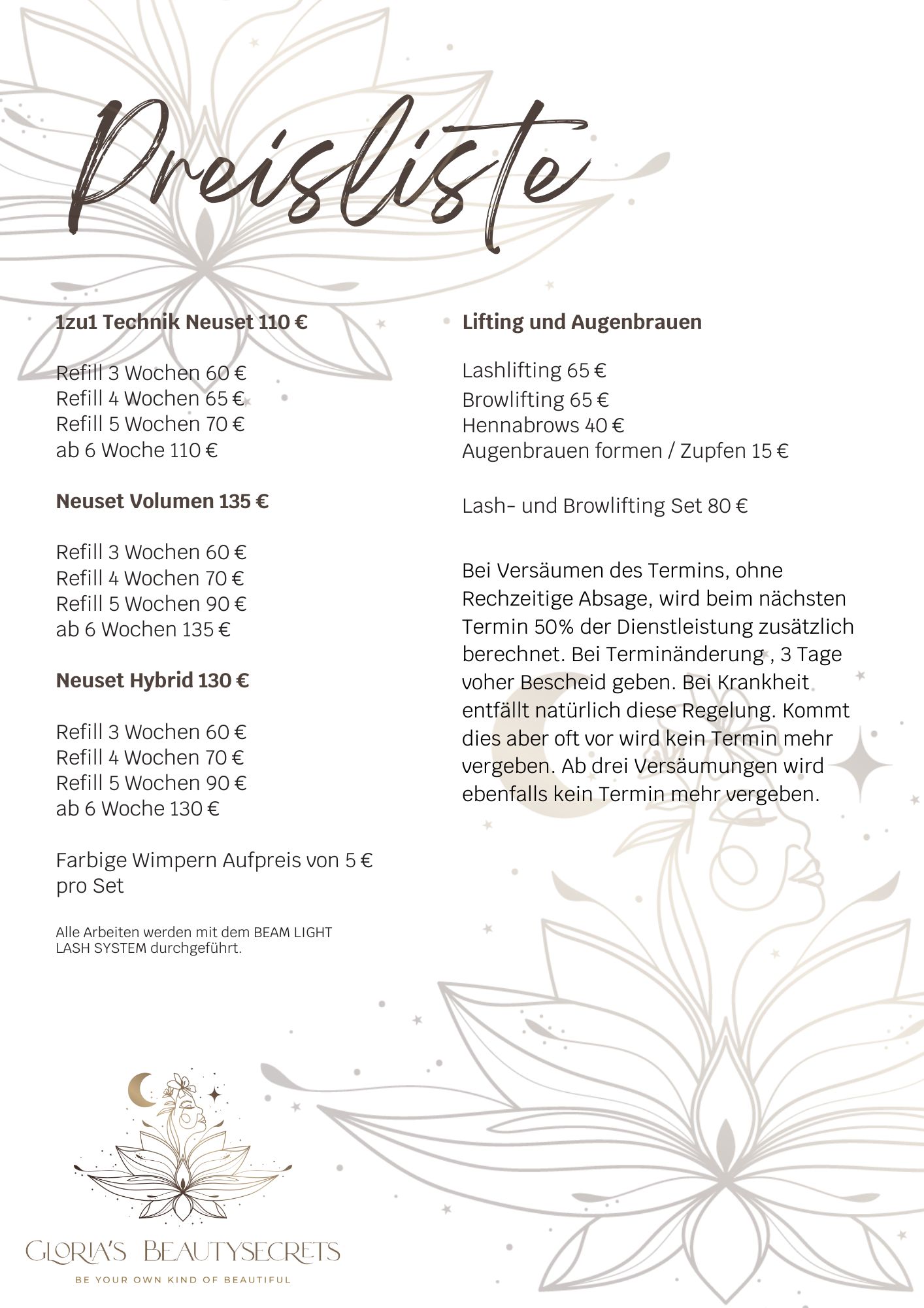 Gloria Beautysercrets Preisliste Lash Extensions