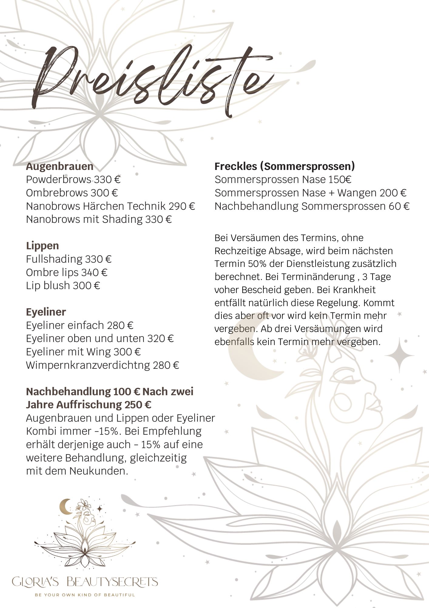 Gloria Beautysecrets Preisliste PMU 